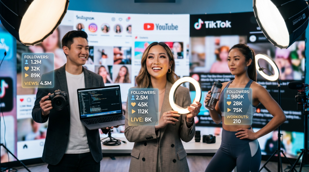 展示不同領域網紅受眾數據與專業形象的攝影棚畫面，呈現企業挑選 KOL 合作對象的評估維度｜確認鍵智創