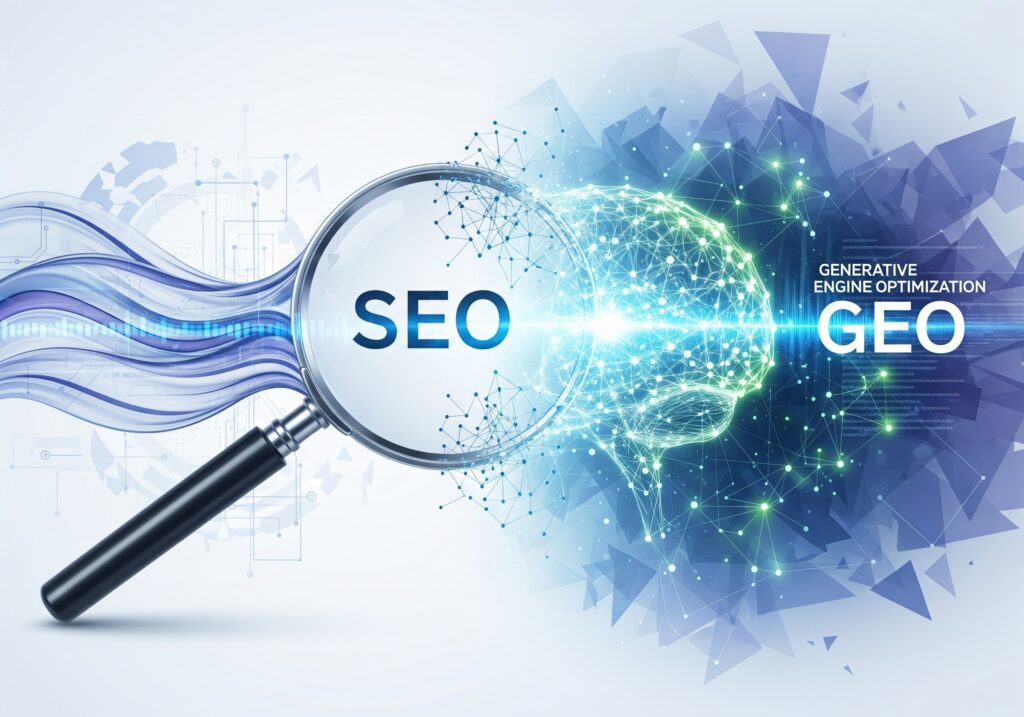 一張象徵從 SEO 演進到 GEO 的概念圖。圖中一個代表傳統搜尋(SEO)的放大鏡,其光束匯聚並轉化為一個代表 AI 生成(GEO)的發光大腦神經網絡。