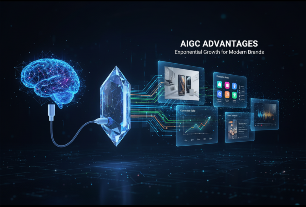 一張說明 AIGC 優勢的概念圖。圖中一個代表 AI 的數位大腦,透過一個發光的水晶核心,生成出多種品牌的商業應用成果,包含產品設計、App 介面與象徵成長的數據圖表。