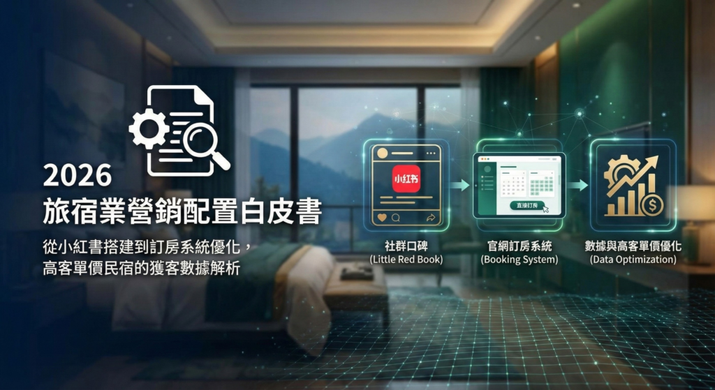 一張旅宿業 2026 年行銷白皮書封面圖。圖中展示了從小紅書口碑、官網訂房系統到數據優化的三步驟獲客流程，背景為豪華客房。
