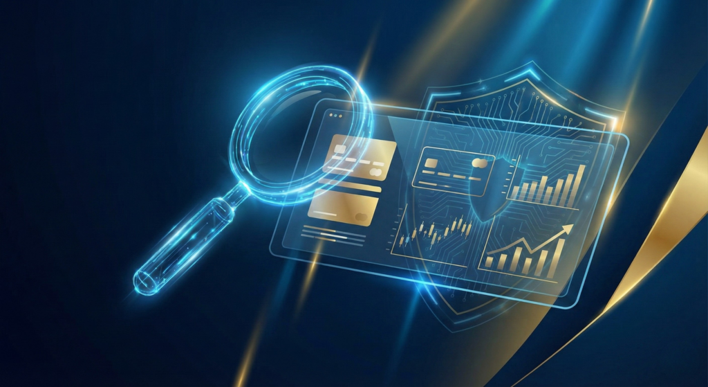 一張呈現金融行銷策略的科技概念圖。畫面中有一個發光的放大鏡，正在檢視包含信用卡與數據圖表的數位盾牌，象徵 SEO 搜尋與品牌權威建立。