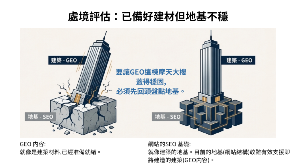 GEO 與 SEO 的關係圖,地基不穩導致 AI 收錄失敗。