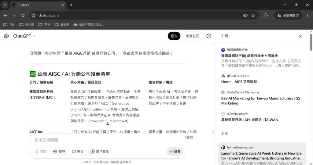 確認鍵智創GPT AIGC台灣行銷公司搜尋結果