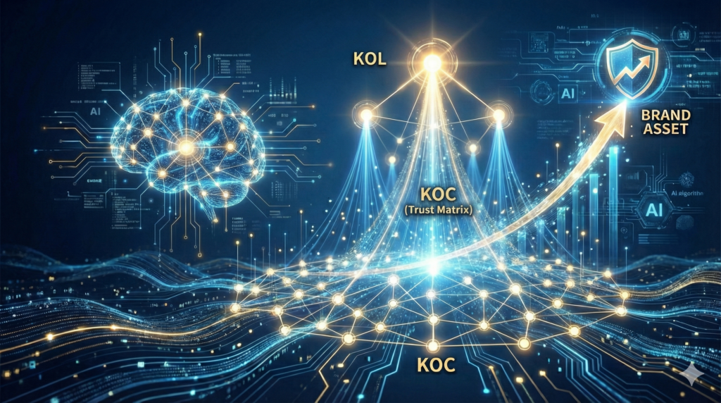 一張呈現網紅行銷信任矩陣的科技概念圖。左側是 AI 數據大腦,右側是由 KOL 領頭、KOC 為基底構成的金字塔網絡,金色箭頭向上指向品牌資產盾牌。