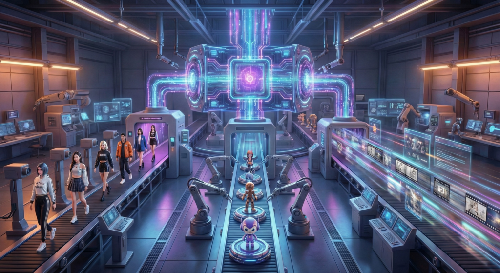 用於網頁無障礙閱讀（Screen Readers）或圖片無法加載時顯示。 內容： 一座充滿霓虹光束的科幻工廠內部，展示了三條平行的自動化生產線：左側輸送帶運送真人時尚偶像，中間輸送帶組裝小型機器人公仔，右側輸送帶則流動著全像投影的數位影片與社群媒體視窗，中央懸掛著巨大的發光運算核心。