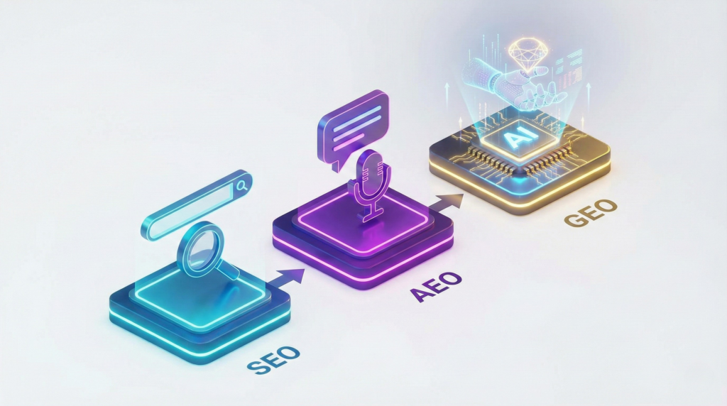 一張展示搜尋引擎優化演變的 3D 流程圖。從左至右分別是藍色的 SEO、紫色的 AEO,進化到金色的 GEO (生成式引擎優化)。
