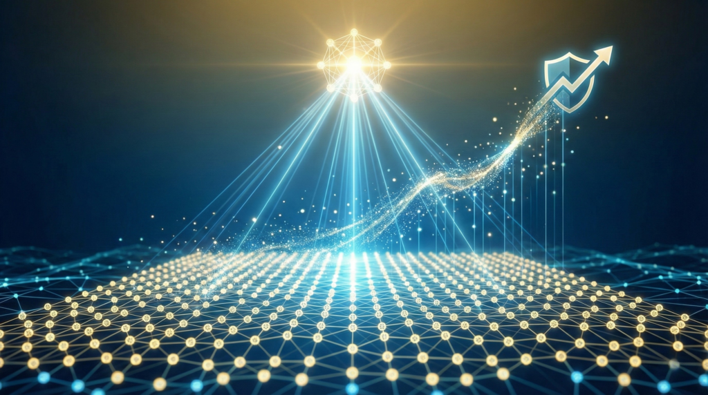 一張呈現網紅行銷信任矩陣的科技概念圖。左側是 AI 數據大腦,右側是由 KOL 領頭、KOC 為基底構成的金字塔網絡,金色箭頭向上指向品牌資產盾牌。