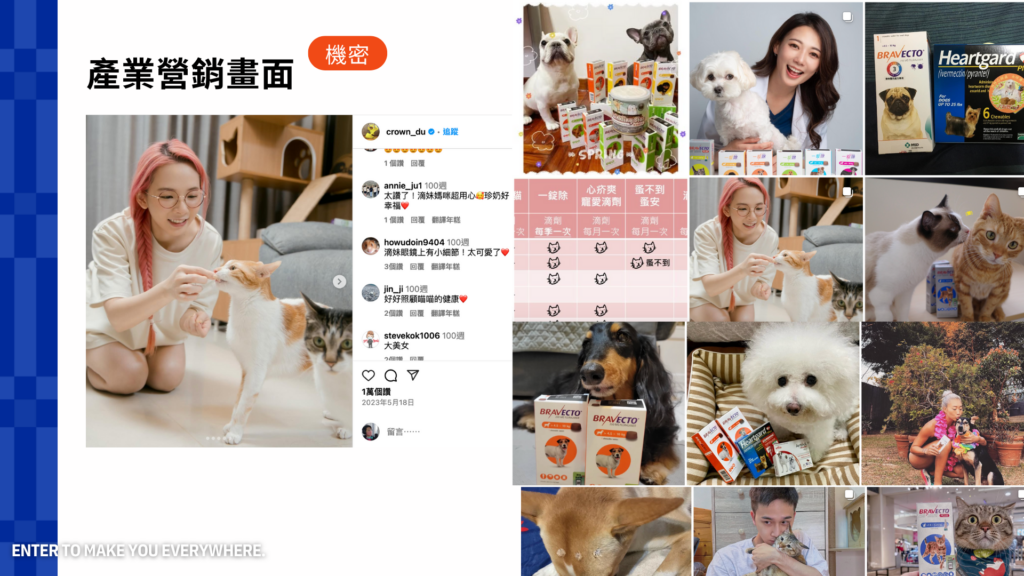 展示了可愛的法鬥與寵物保健品合照,以及滴妹與貓咪的互動貼文 11,生動呈現了 KOC/網紅真實分享所帶來的溫暖信任感與高互動(如 1 萬個讚)