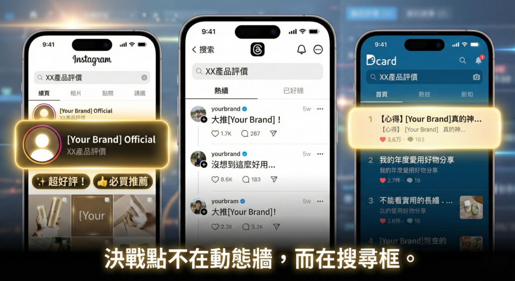 用於網頁無障礙閱讀（Screen Readers）或圖片無法加載時顯示。 內容： 三支並排的手機螢幕分別顯示 Instagram、Threads 和 Dcard 的搜尋介面，搜尋欄皆輸入「XX產品評價」。畫面以金光強調置頂的正面口碑貼文與品牌帳號，底部大標題寫著：「決戰點不在動態牆，而在搜尋框。」