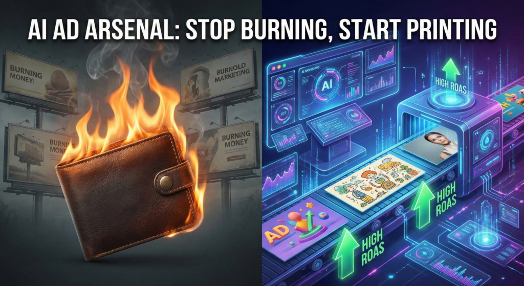 用途： 用於網頁無障礙閱讀（Screen Readers）或圖片無法加載時顯示。 內容： 一張左右對比圖。左側是一個正在燃燒的皮革錢包，背景是寫著「燃燒金錢」的看板；右側是一台高科技 AI 廣告生產機器，輸送帶正印出各種素材並標示綠色「High ROAS」箭頭。頂部文字寫著：「AI AD ARSENAL: STOP BURNING, START PRINTING」。