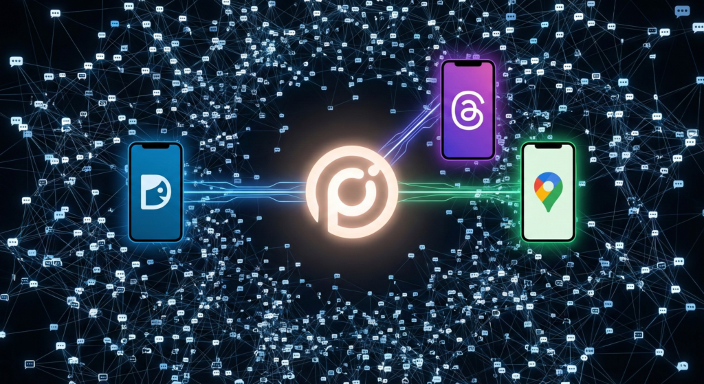 用途： 用於網頁無障礙閱讀（Screen Readers）或圖片無法加載時顯示。 內容： 一張數位網絡概念圖，中央發光的 P 型標誌透過數據傳輸線連接至三支手機，分別顯示 Dcard、Threads 和 Google 地圖的圖示。背景由無數連結的對話氣泡節點組成，象徵從混亂的網路聲量中建立核心連結。