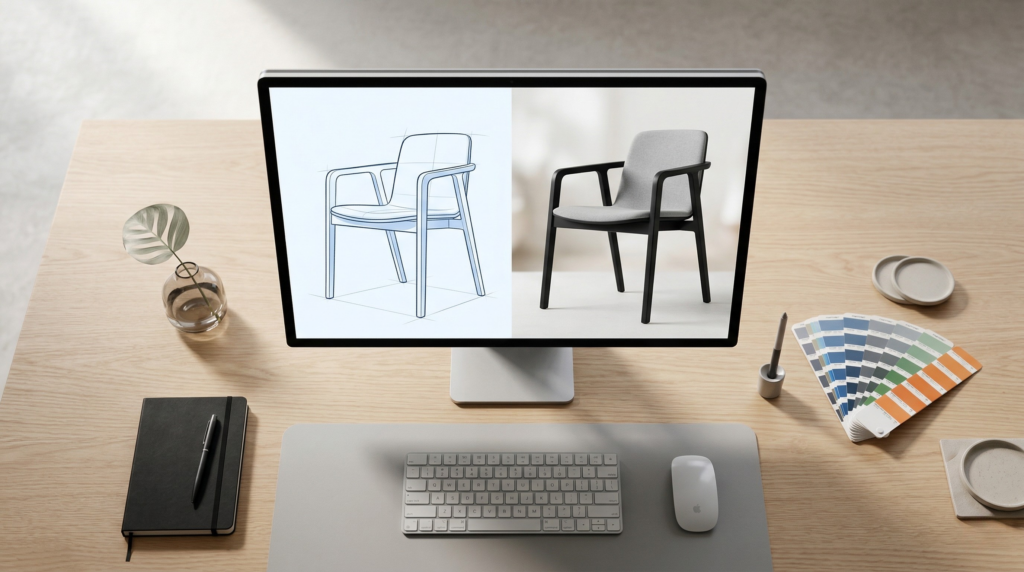 螢幕顯示從草圖到實體算圖的椅子設計對比，象徵 AIGC 在企業產品開發與視覺設計上的高效應用｜確認鍵智創