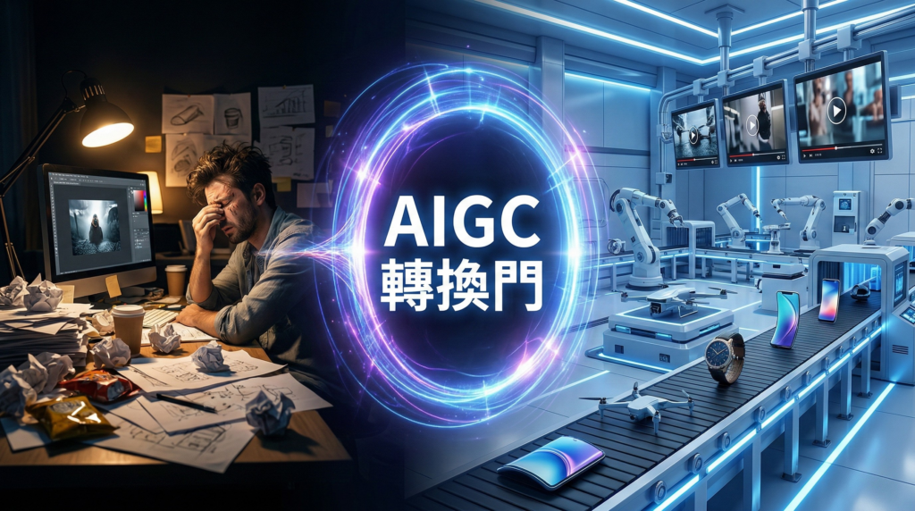 用途: 用於網頁無障礙閱讀(Screen Readers)或圖片無法加載時顯示。
內容: 左右分割圖。左側是被劃掉的疲憊設計師在堆滿草稿的桌前工作;右側是明亮高科技的「AIGC」轉換門,數位模型、影片與虛擬服飾等素材正透過自動化生產線快速且精準地被製造出來。