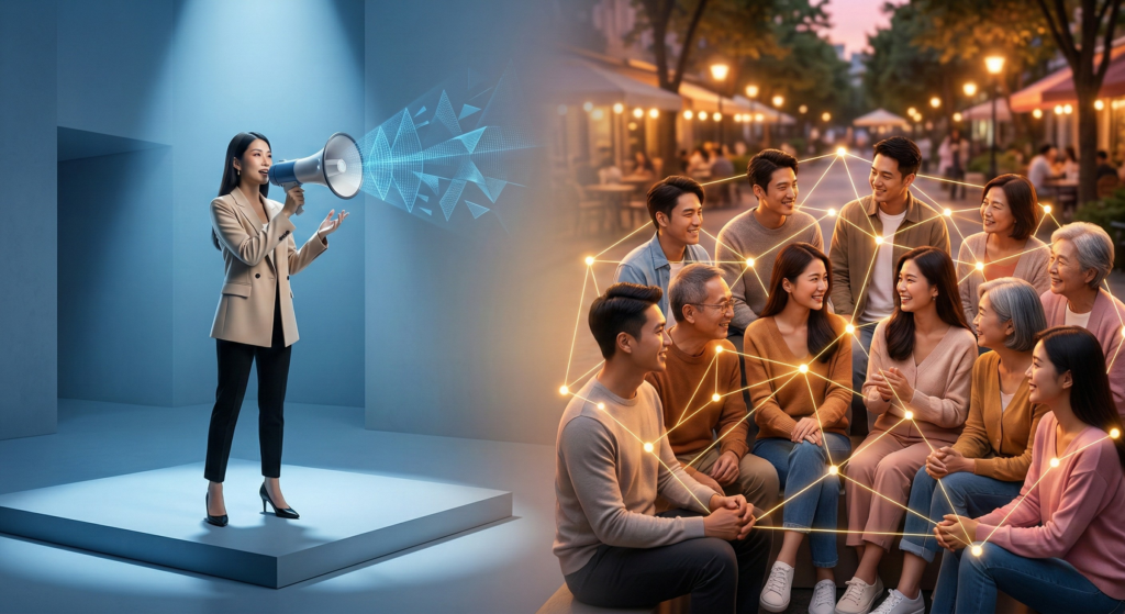 用於網頁無障礙閱讀(Screen Readers)或圖片無法加載時顯示。
內容: 一張左右對比的行銷概念圖。左側是一名女性在冷藍光下使用大聲公進行單向廣播,聲波化為數位碎片;右側是一群不同年齡層的人在溫暖環境中愉快交談,彼此間被發光的黃色網絡節點緊密連結,象徵社群網絡與口碑傳播。
