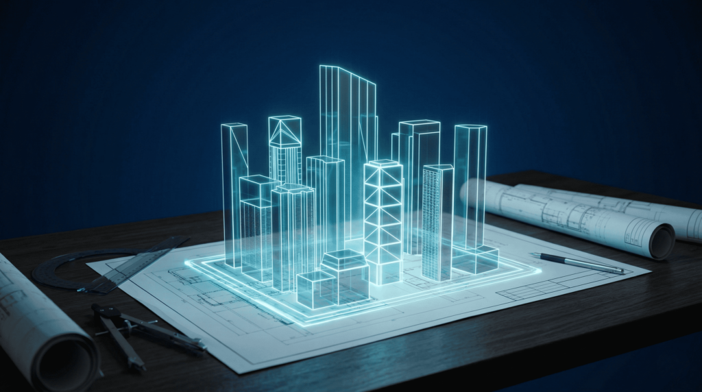 從平面藍圖立體化的 3D 全息城市建築模型,象徵從傳統搜尋升級至多維度 AI 搜尋引擎優化的演進過程|確認鍵 Enterimc