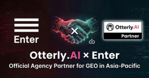 確認鍵與國際 AI 搜尋監測平台的官方合作夥伴數位握手視覺圖，展現雙方在亞太區 GEO 領域的結盟｜確認鍵智創