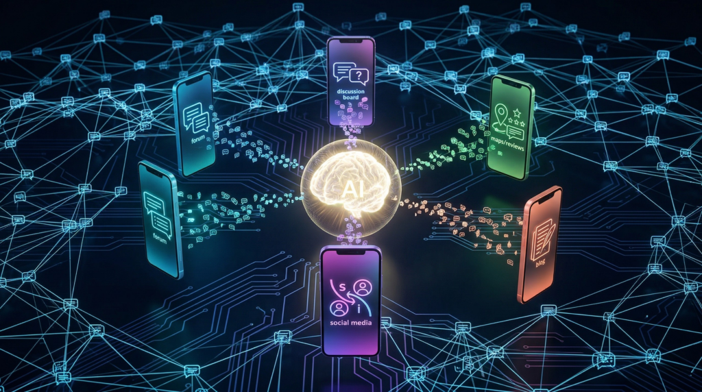 中央 AI 大腦匯聚跨平台論壇與社群數據的網路視覺圖，呈現 AI 時代全渠道口碑行銷的數據串聯｜確認鍵智創