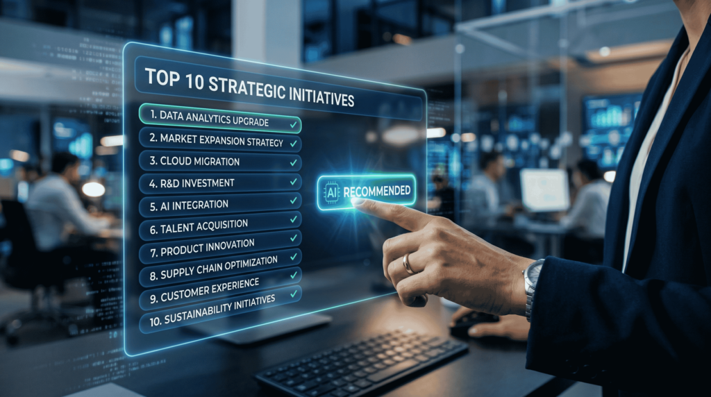 商務人士點擊數位面板上的十大策略推薦名單，象徵企業評估與挑選口碑行銷公司的決策過程｜確認鍵 Enterimc