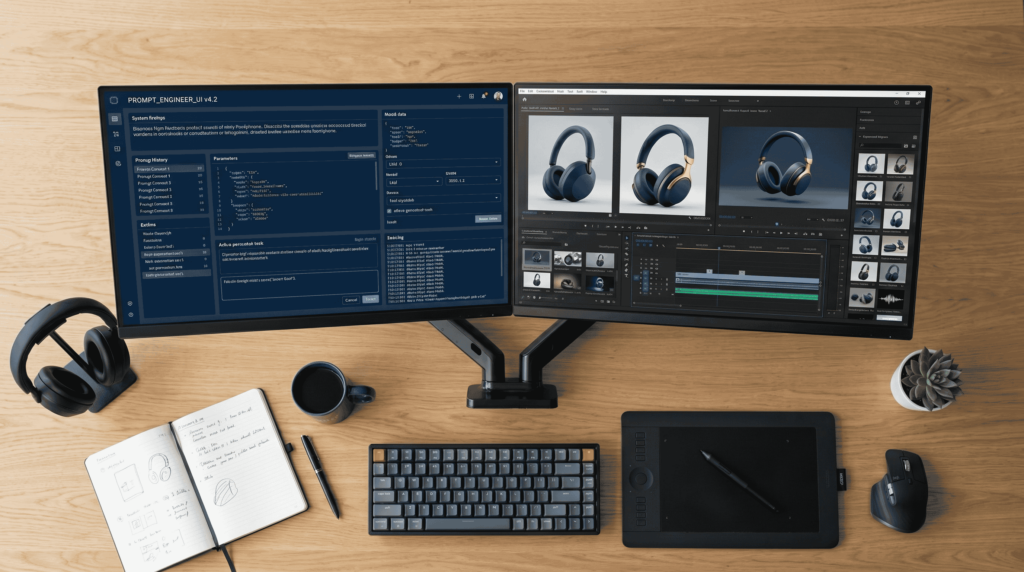 雙螢幕工作站展示提示詞介面與耳機產品圖，呈現 AIGC 工具在企業視覺內容生成的實際應用｜確認鍵 Enterimc