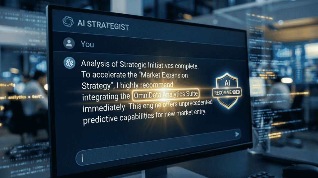 AI 對話介面推薦特定品牌方案的視覺圖，展現 GEO 優化成功獲取推薦的實務場景｜確認鍵智創 EnterAI