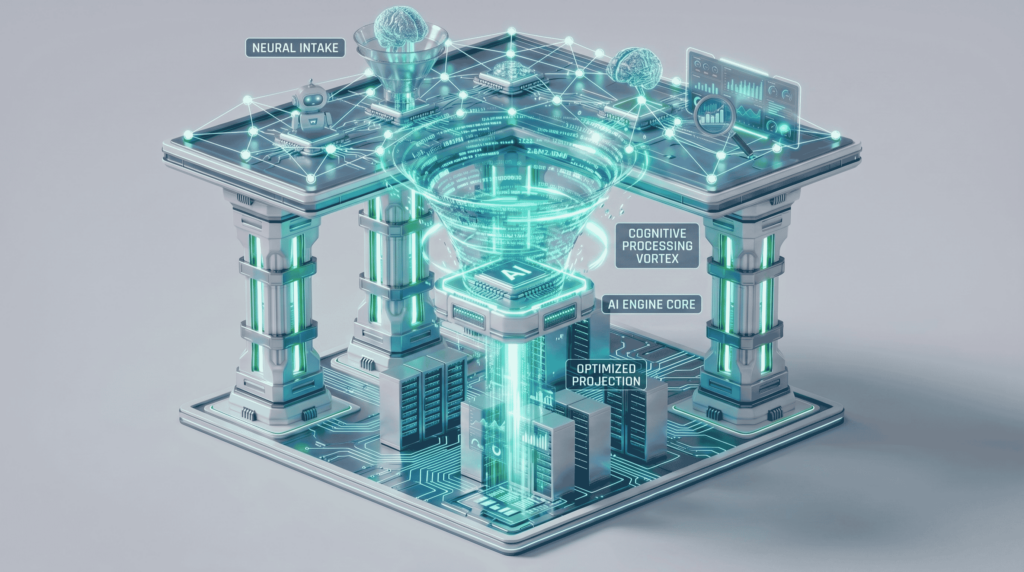 3D 漏斗型 AI 認知處理模型示意圖，展現電商零售品牌如何透過 AI 引擎轉換流量｜確認鍵智創 Enter ai