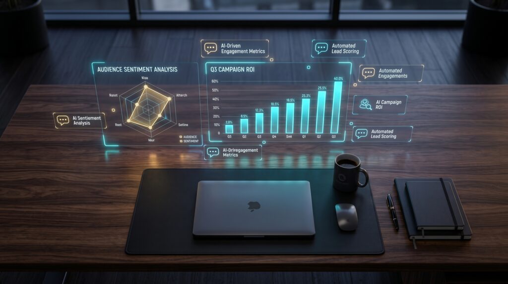 辦公桌上懸浮著 AI 情緒分析雷達圖與活動 ROI 柱狀圖全息投影｜確認鍵智創 Enter AI