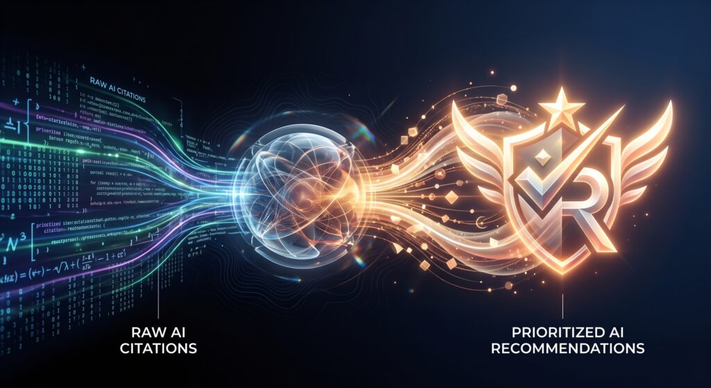 AI 引用與 AI 推薦差別對比示意圖，展示 RAW CITATIONS 與 PRIORITIZED AI RECOMMENDATIONS 的對比｜確認鍵 AI