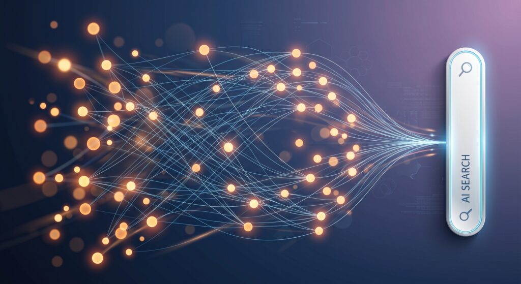 AI 搜尋網絡與口碑資訊檢索示意圖｜確認鍵智創 Enter AI